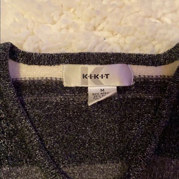 Kikit Striped Sweater Super Soft VNeck Gray Baby Blue White Fuzzy M17 - Picture 2 of 3